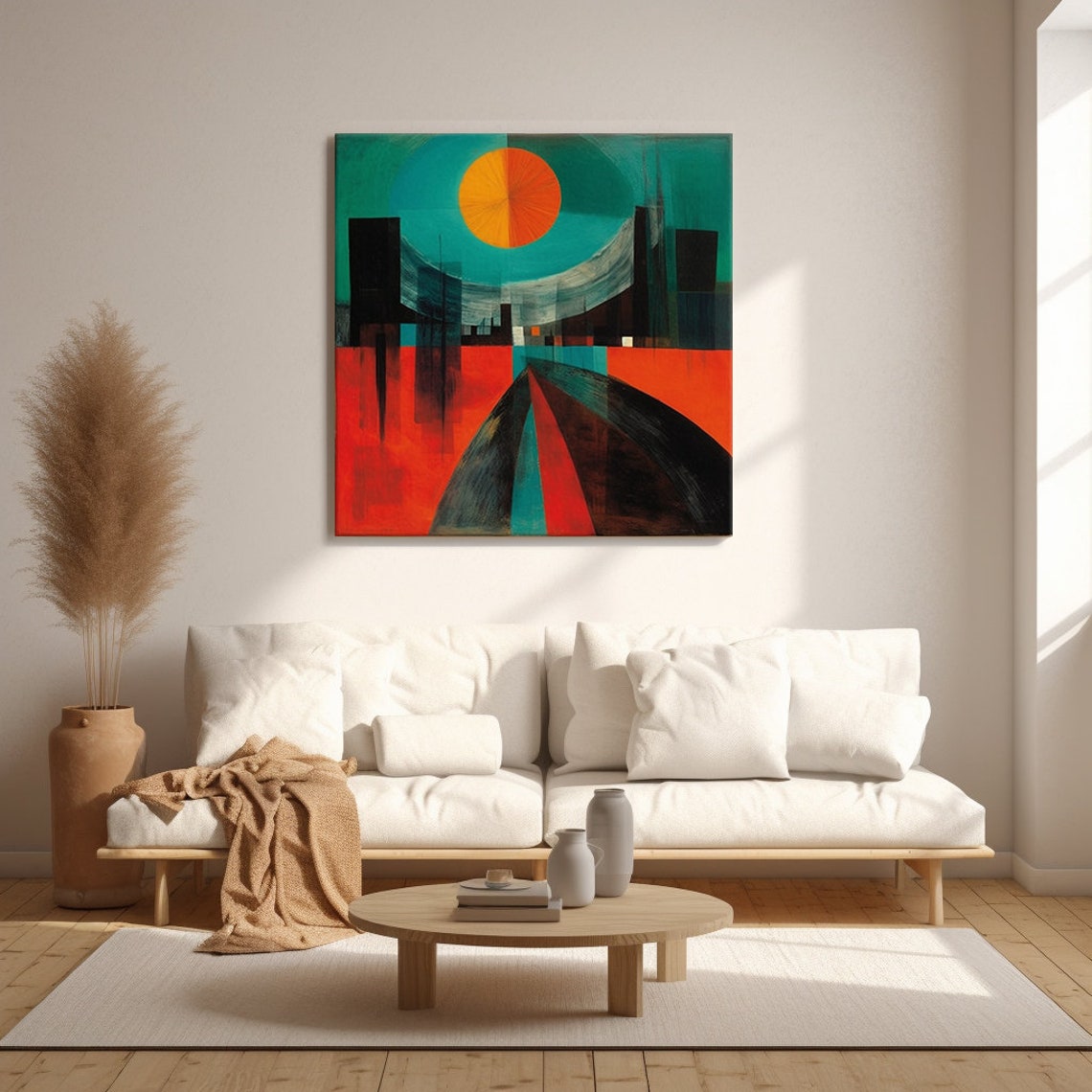 Abstract Orange Sun Over Dark City Geometric Bold Cityscape Wall Art - Image 4
