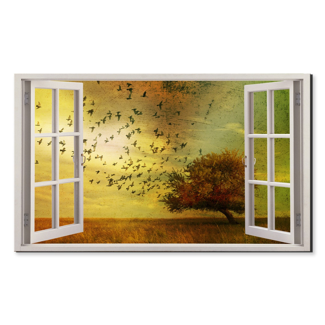 Birds Flying to Lone Tree Golden Autumn Field Window View Wall Art