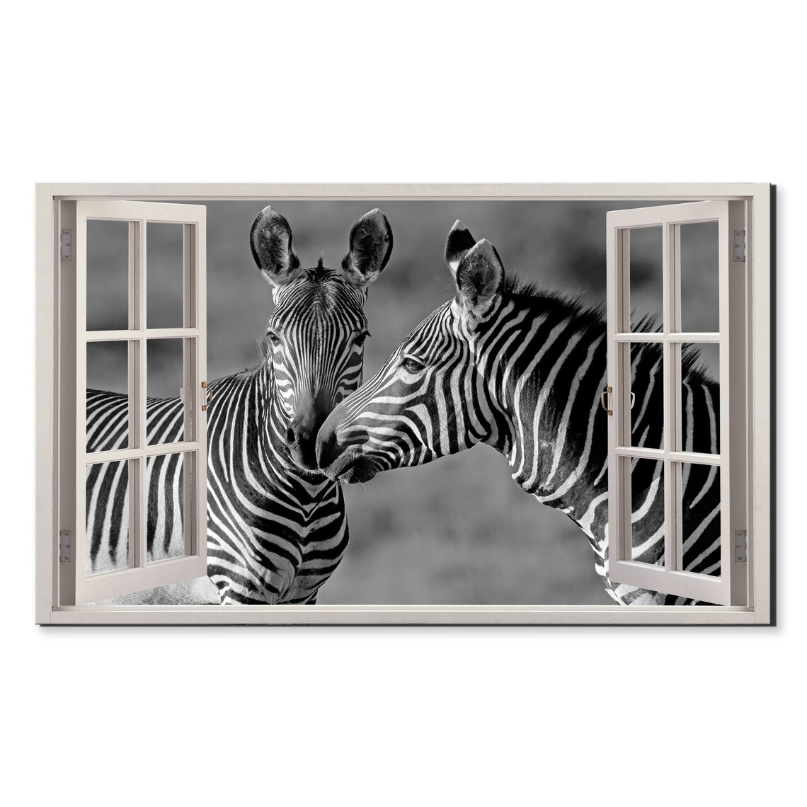 Two Zebras Black And White Safari Striped Wildlife Portrait Window Print