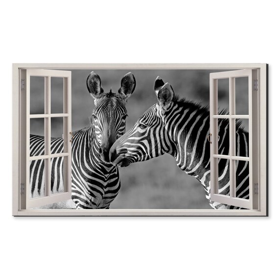 Two Zebras Black And White Safari Striped Wildlife Portrait Window Print