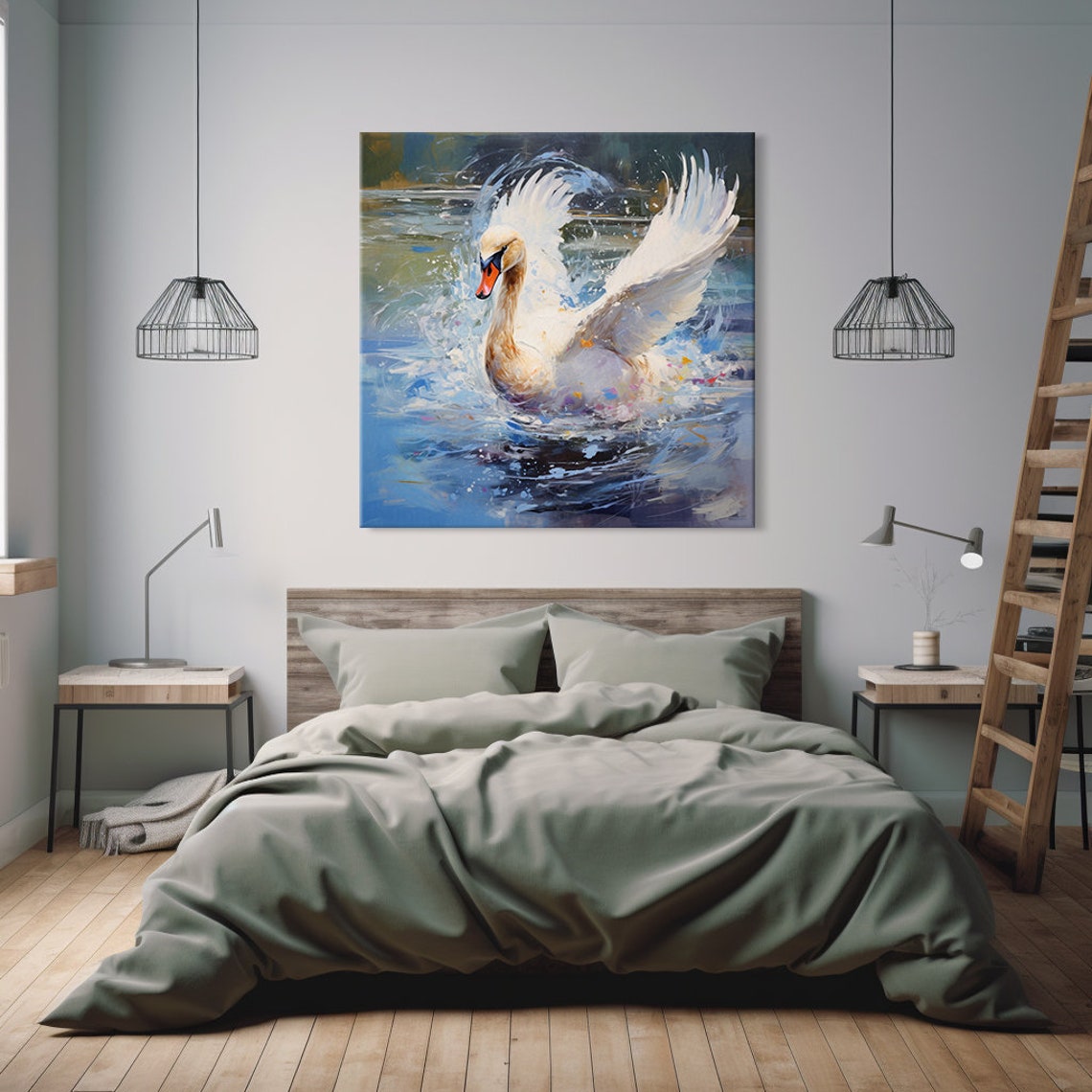 White Swan Wings Spread Splashing Water Dynamic Impressionist Poster - Image 3