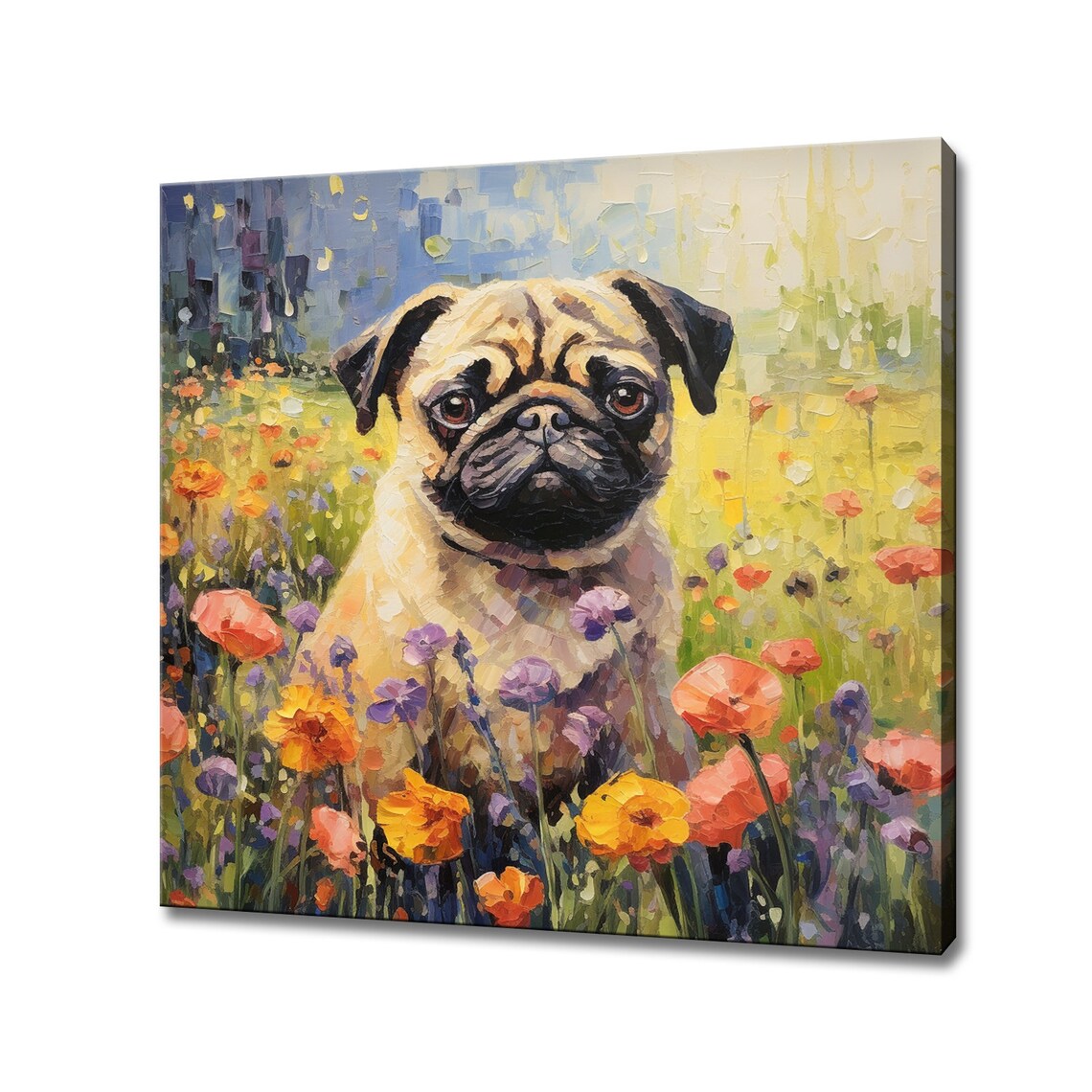 Cute Pug Dog Portrait in Colorful Wildflower Field Oil Painting Poster