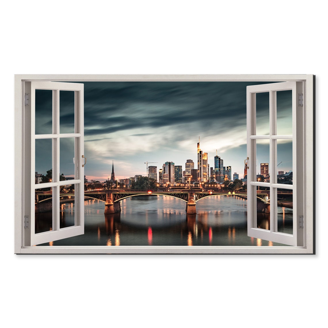 Frankfurt Am Main Germany Skyline Dusk Open Window View Poster