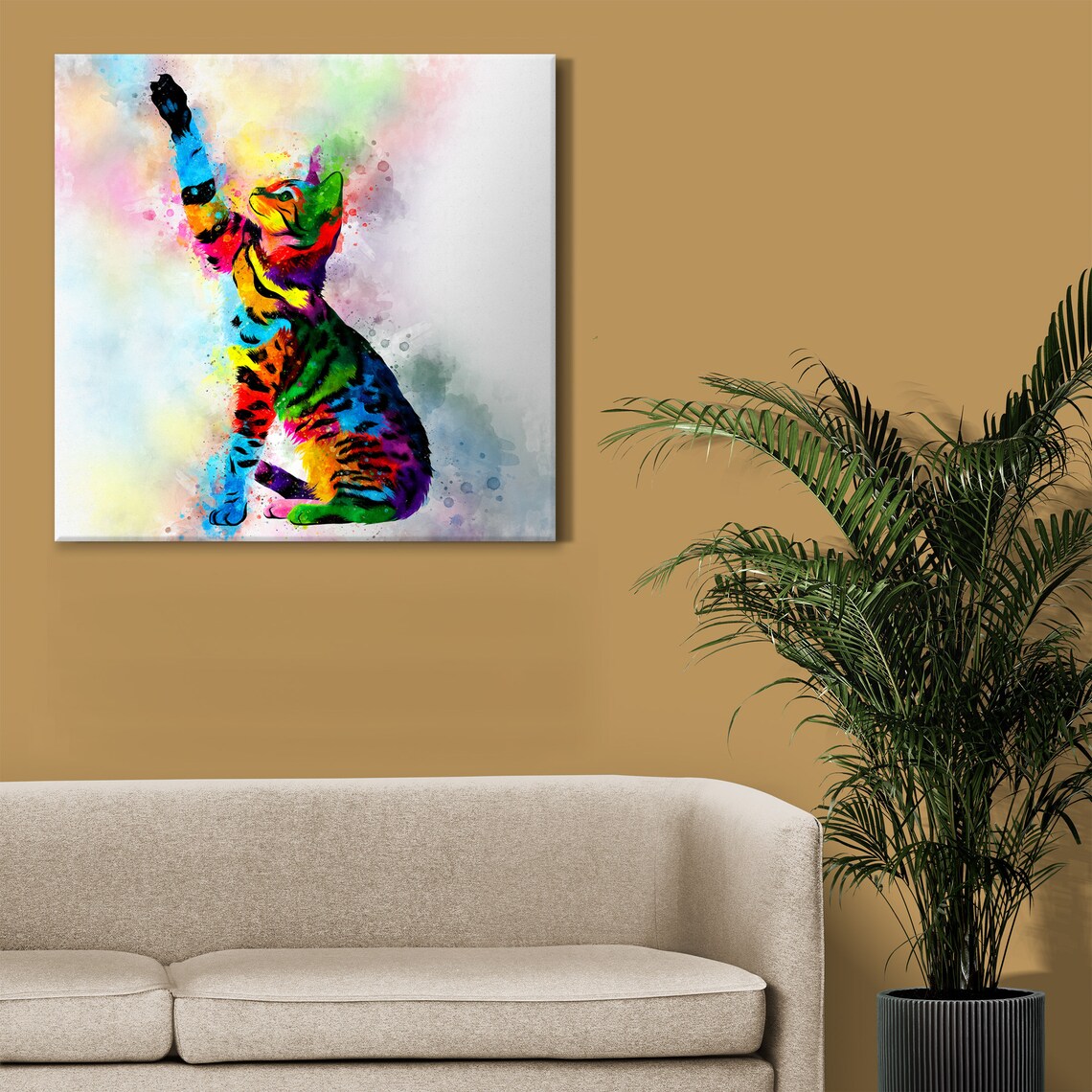 Colourful Bengal Cat Watercolour Rainbow Kitten Playful Paw Animal Art Print - Image 4