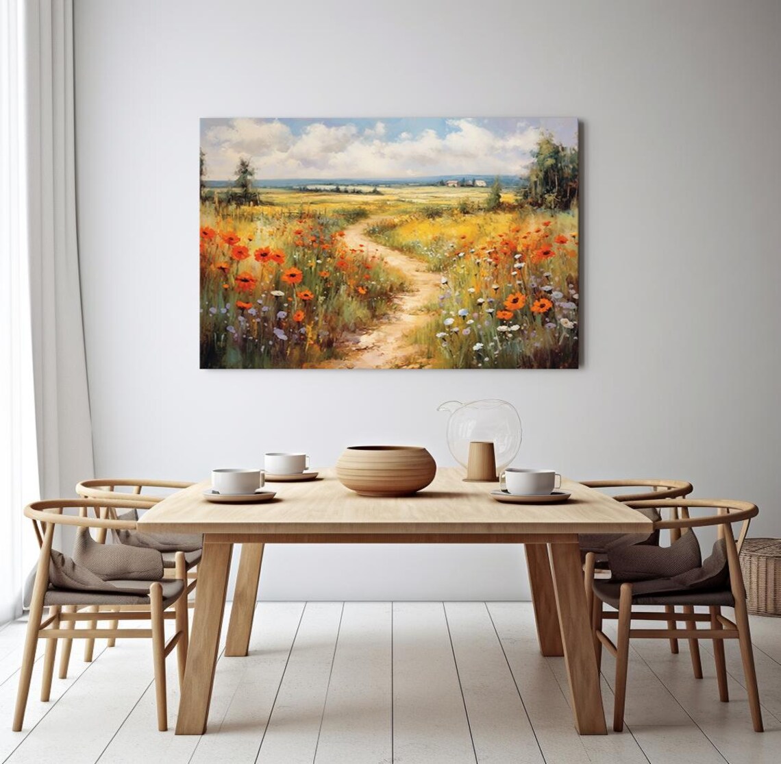 Red Flowers Meadow Field Vintage Countryside Painting Style Print Farmhouse Decor Art Nature Picture Wall Hanging Fine Art Print - Image 3
