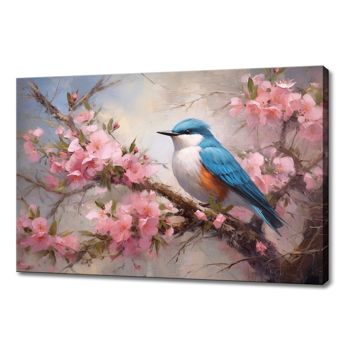 Small Blue And White Songbird On Pink Cherry Blossom Branch Poster