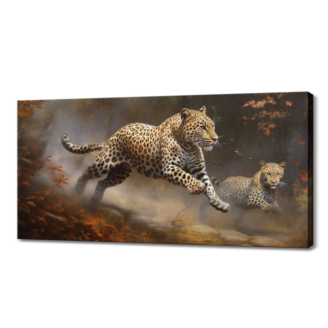 Leopards Leaping Autumn Forest Misty Dynamic Painted Big Cats Poster