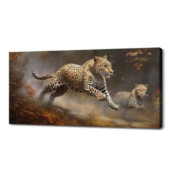 Leopards Leaping Autumn Forest Misty Dynamic Painted Big Cats Poster