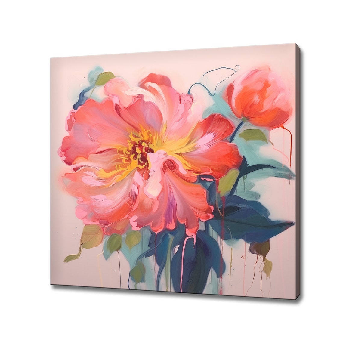 Coral Red Peony Expressive Brushstroke Modern Floral Painting Wall Art