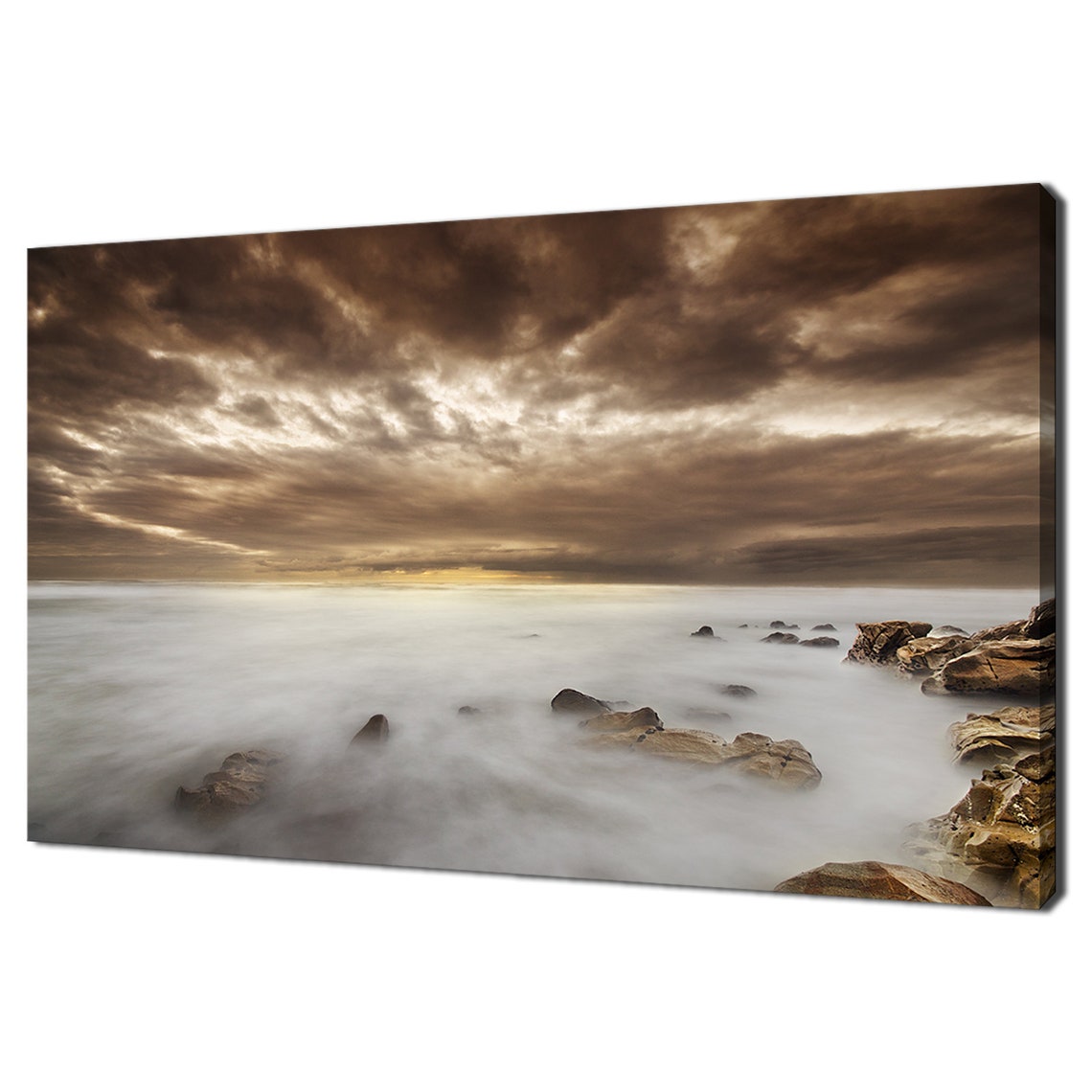 Misty Beach Long Exposure Dramatic Cloudy Sky Waves Rocky Shore Poster