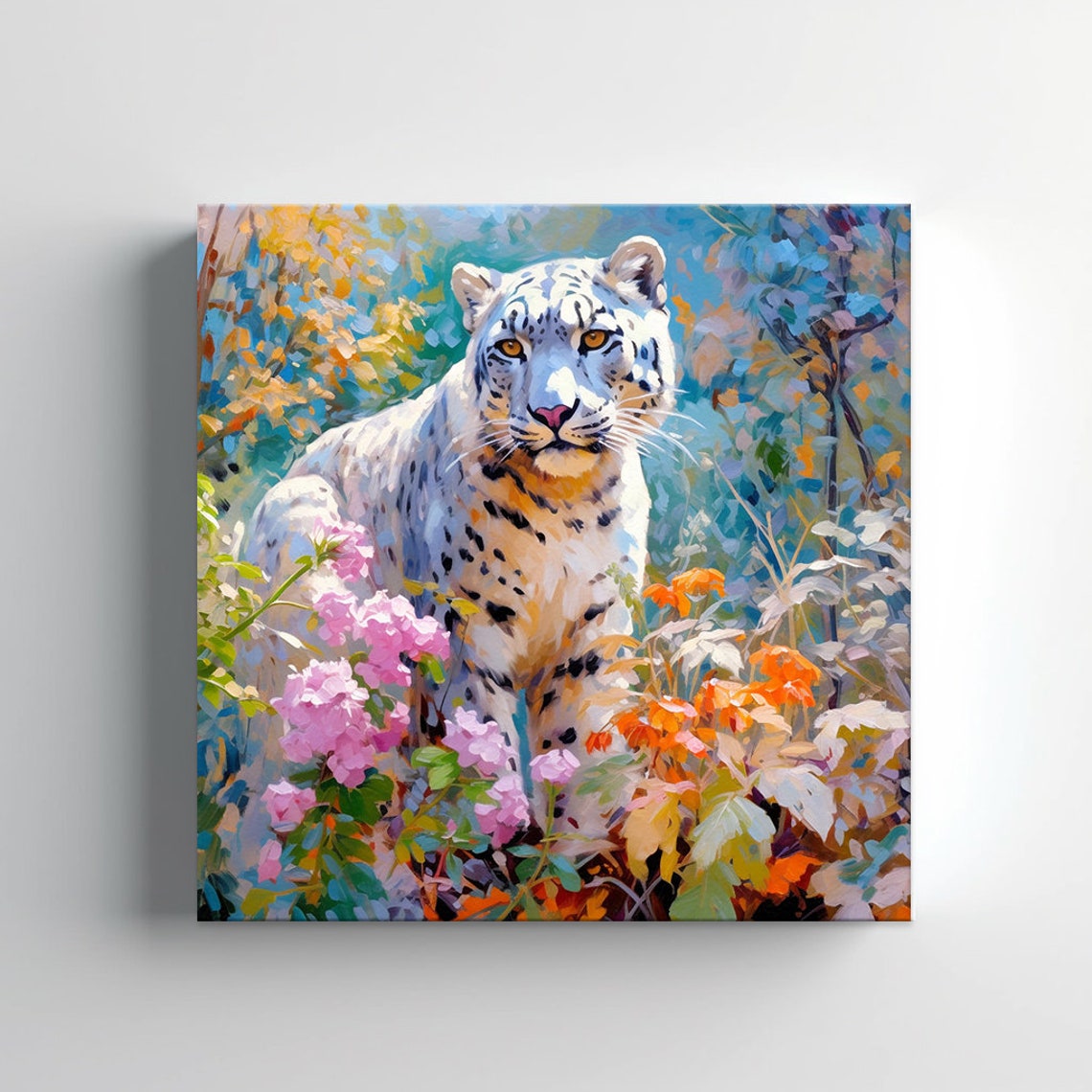 Snow Leopard Among Pink Blossoms Autumn Foliage Wild Art Print - Image 4