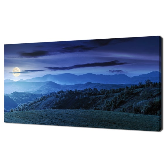 Panoramic Countryside At Night In Full Moon Blue Modern Design Print Wall Art Picture