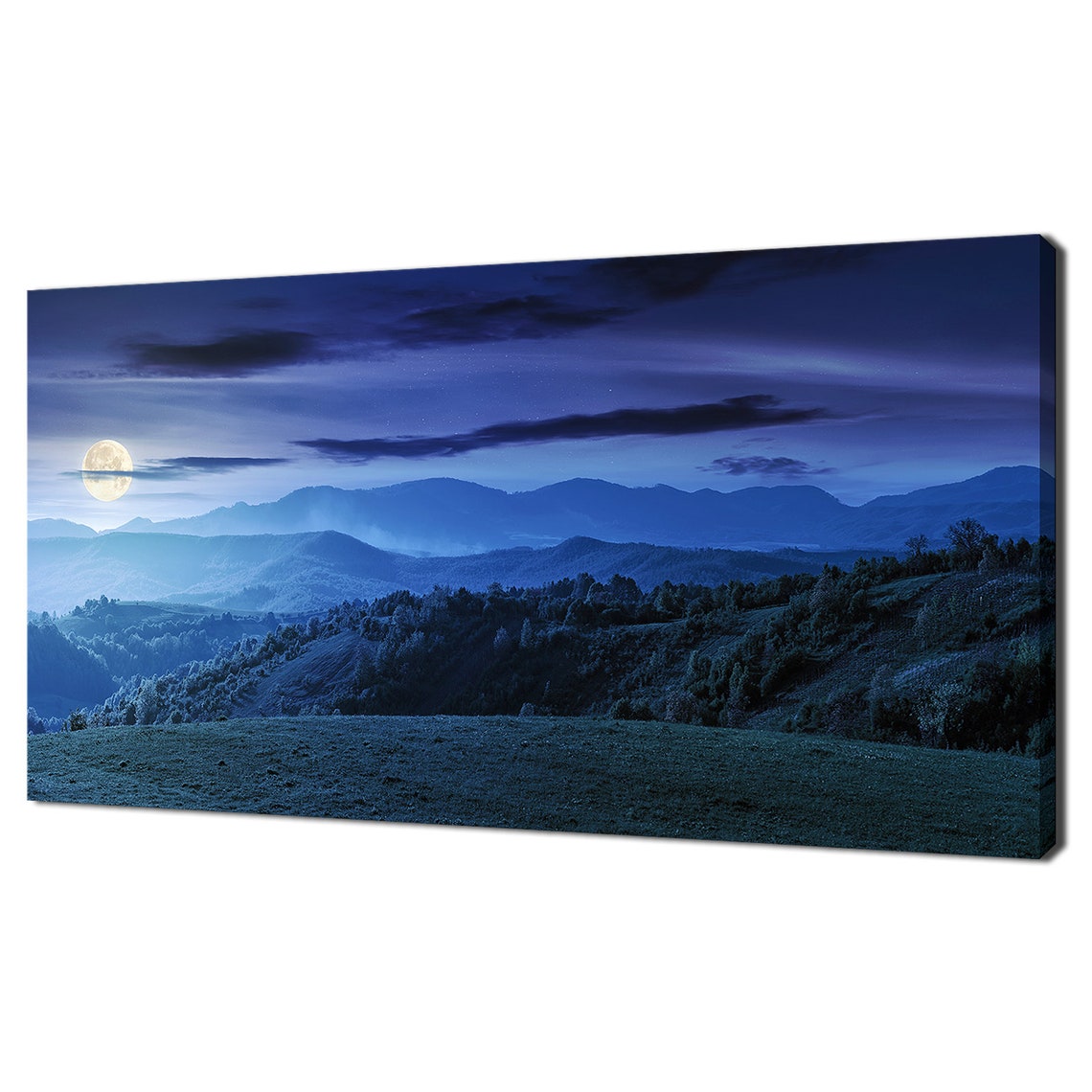 Panoramic Countryside At Night In Full Moon Blue Modern Design Print Wall Art Picture