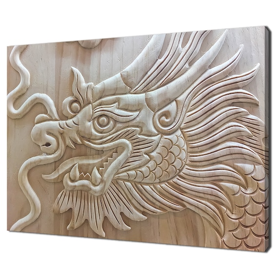 Wooden Carving Dragon Beige Brown Modern Decor Print Wall Art Picture