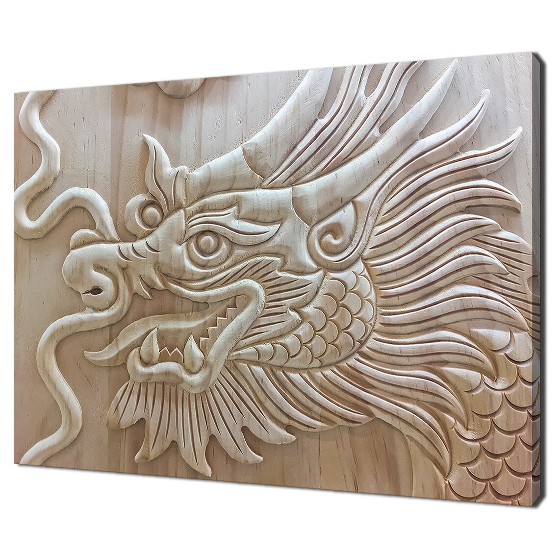 Wooden Carving Dragon Beige Brown Modern Decor Print Wall Art Picture