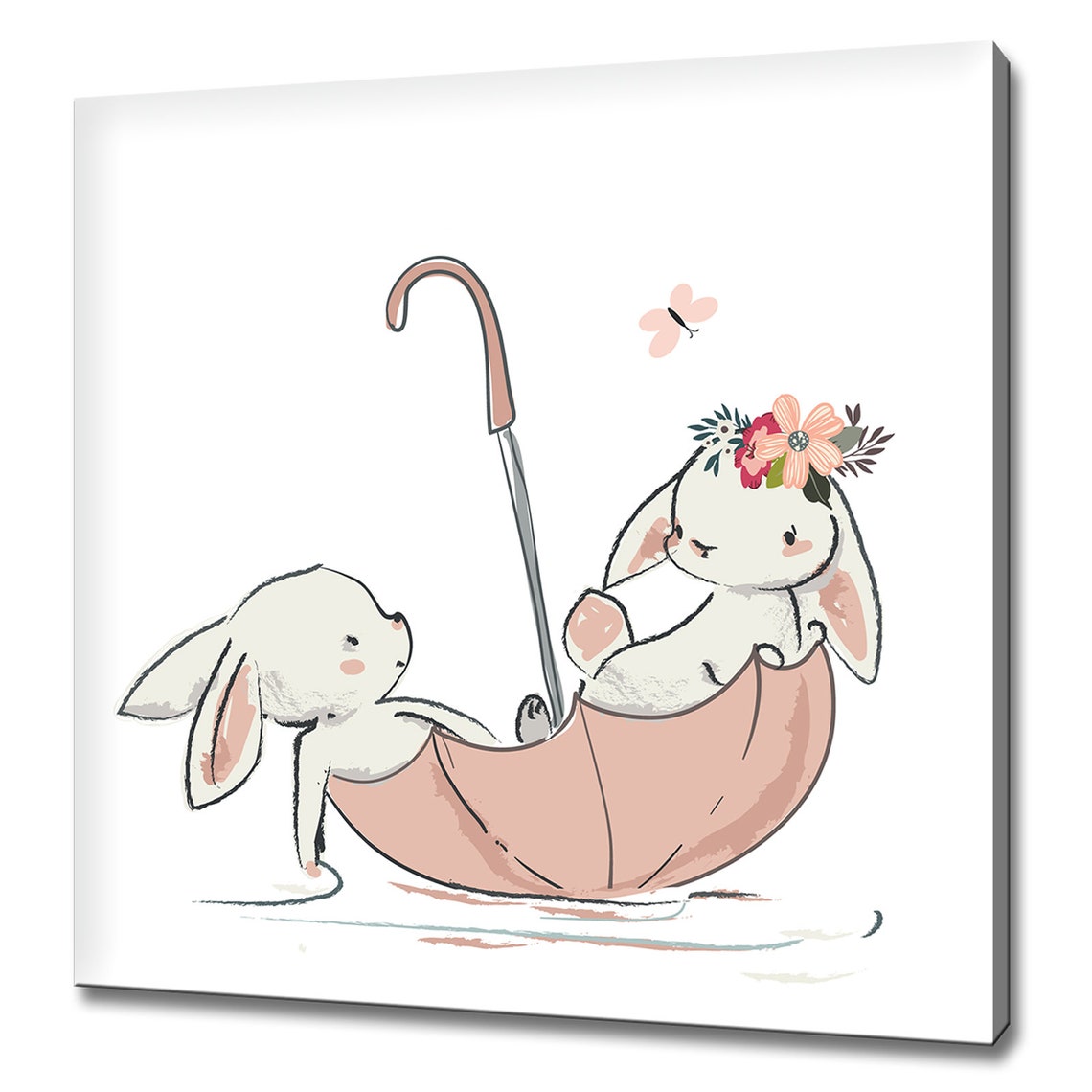 Two Cute Bunnies Pink Umbrella Floral Nursery Kids Room Wall Poster