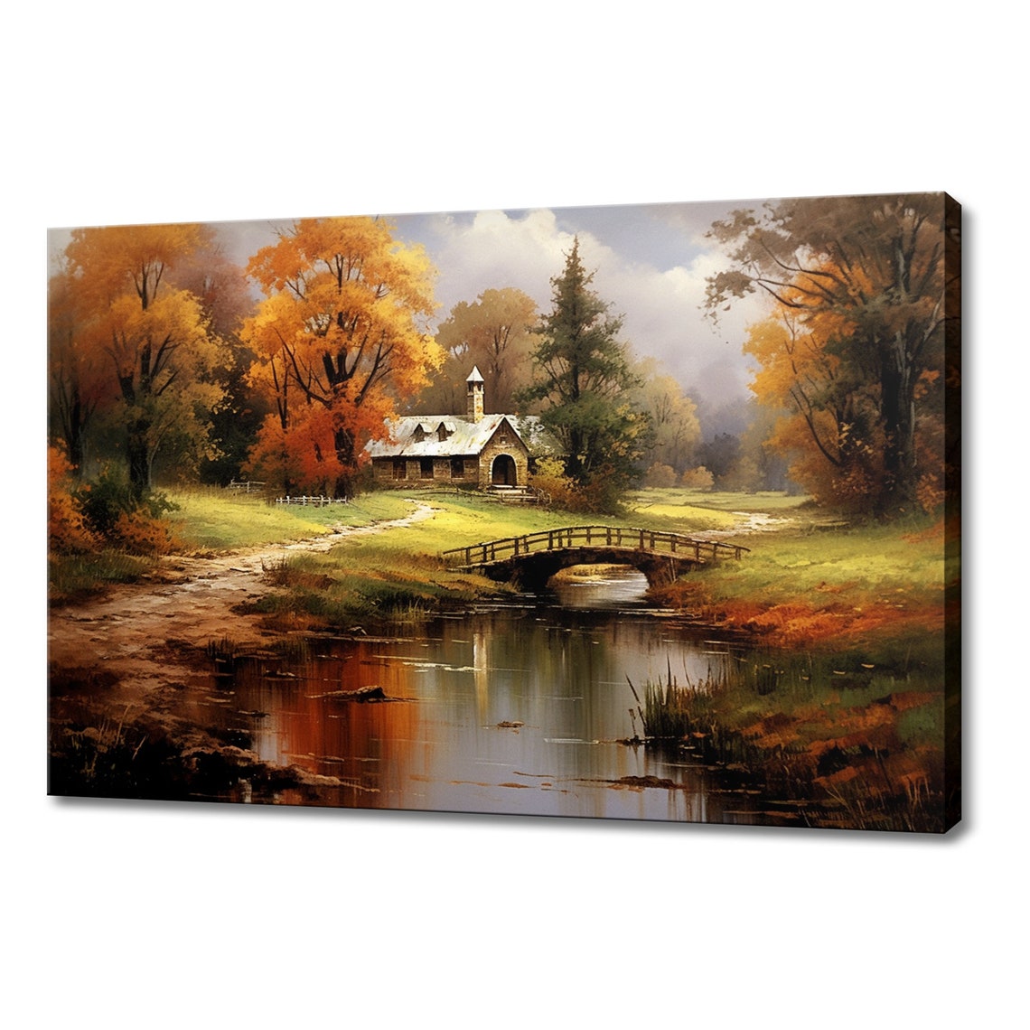 Vintage Cottage House In Autumn Painting Style Print Farmhouse Decor Art Neutral Nature Picture Wall Hanging Fine Art Print
