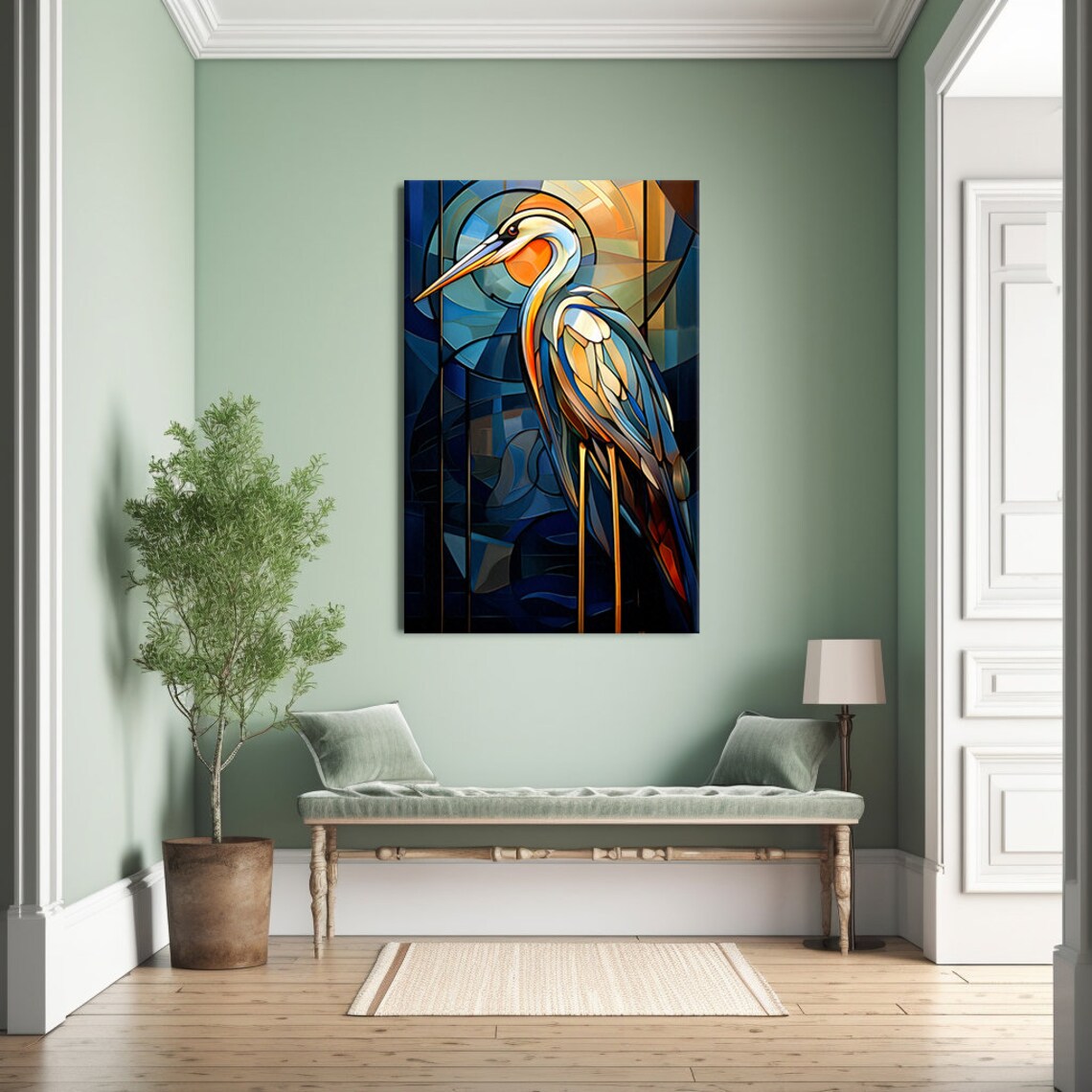 Stained Glass Heron Bird Blue Gold Panels Elegant Bird Wall Art Print - Image 3