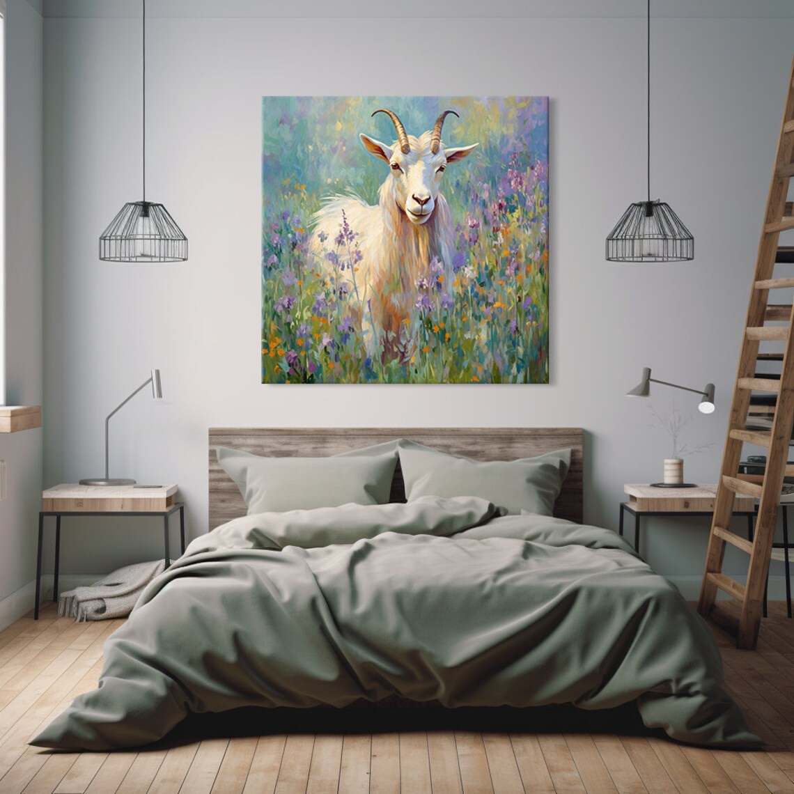 White Goat In A Wildflower Meadow Oil Painting Animal Poster - Image 2