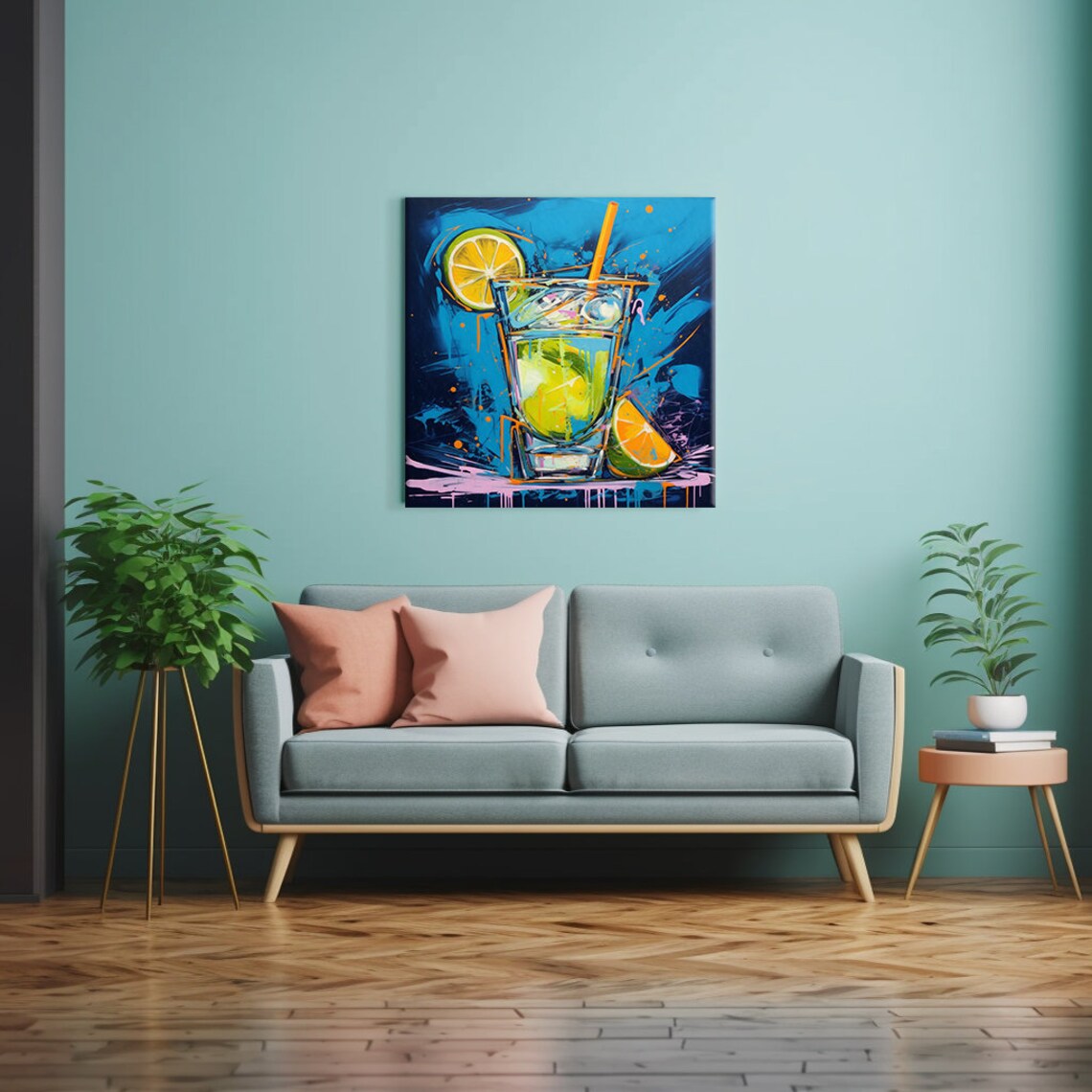 Zesty Lime Cocktail Rocks Glass Teal Bar Watercolor Wall Print - Image 2