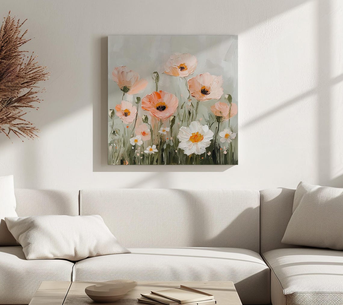 Pastel Poppies And Daisy Flowers Impasto Neutral Floral Print - Image 2