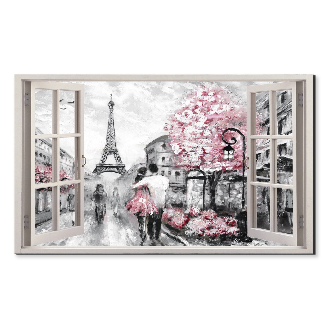 Paris Eiffel Tower Window View Couple Pink Blossoms Painting Wall Art