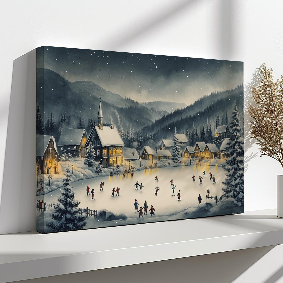 Ice Skating In Snowy Christmas Village Vintage Painting Style Print Farmhouse Decor Art Nature Picture Wall Hanging Fine Art Print - Image 4
