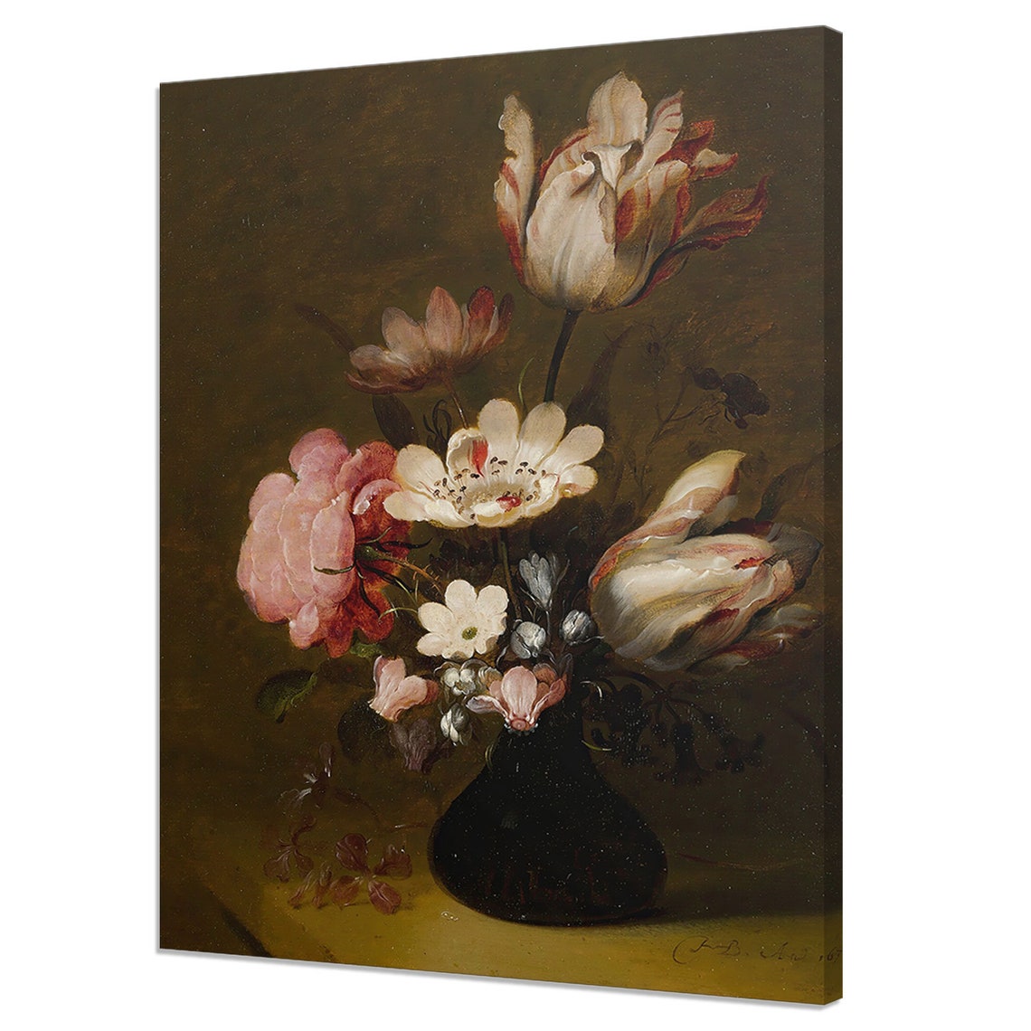 Still Life With Tulips Peonies Anemones Hyacinths Flowers In Glass Vase Victorian Fine Art Vintage Floral Oil Painting Print