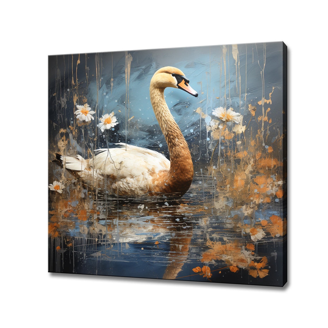 Swan Gliding On Moody Grey Waters With Daisies Artistic Lake Poster