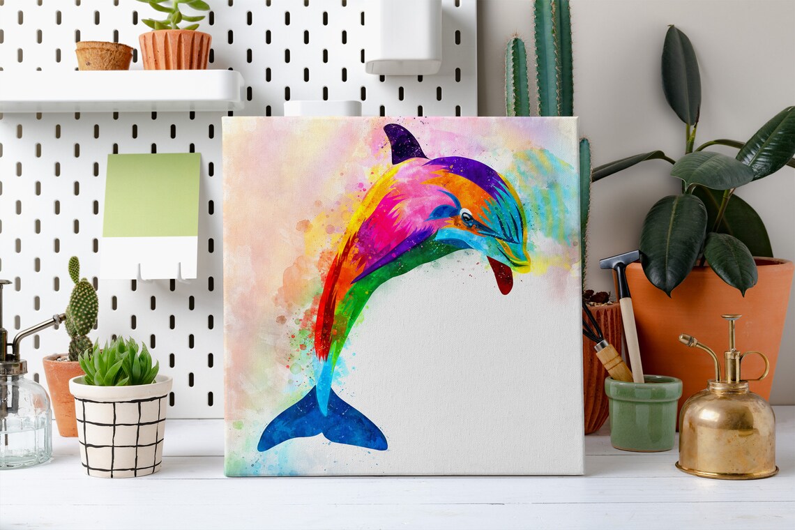 Rainbow Dolphin Watercolor Splash Colorful Jumping Marine Life Wall Art - Image 2