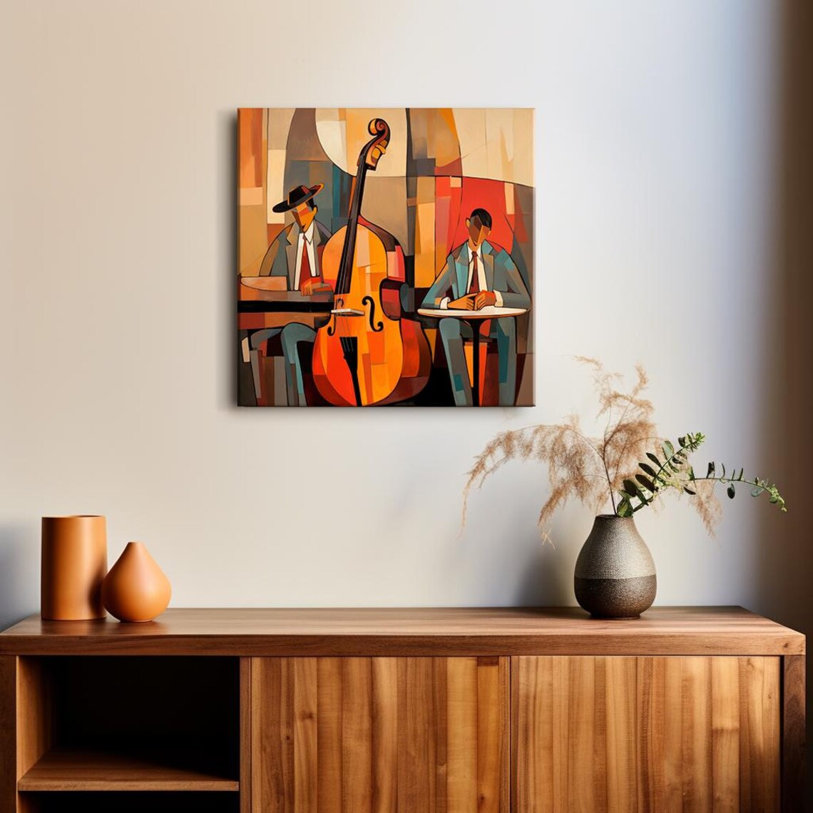 Double Bass Jazz Musicians Cubist Abstract Orange Red Music Art Poster - Image 2