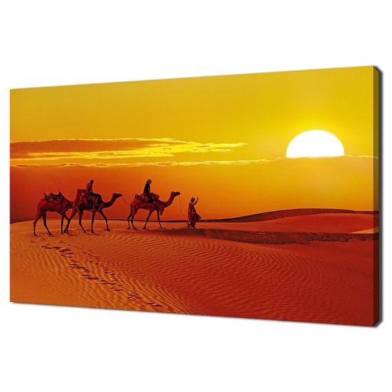 Sahara Desert Camel Caravan Silhouettes Crossing Dunes At Fiery Sunset Poster