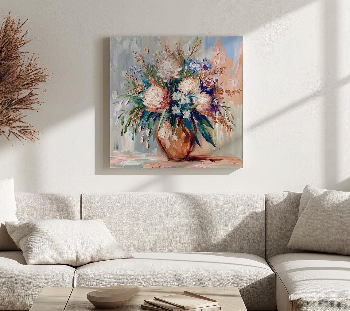 Pastel Flower Bouquet Copper Vase Impasto Still Life Painting Print - Image 2