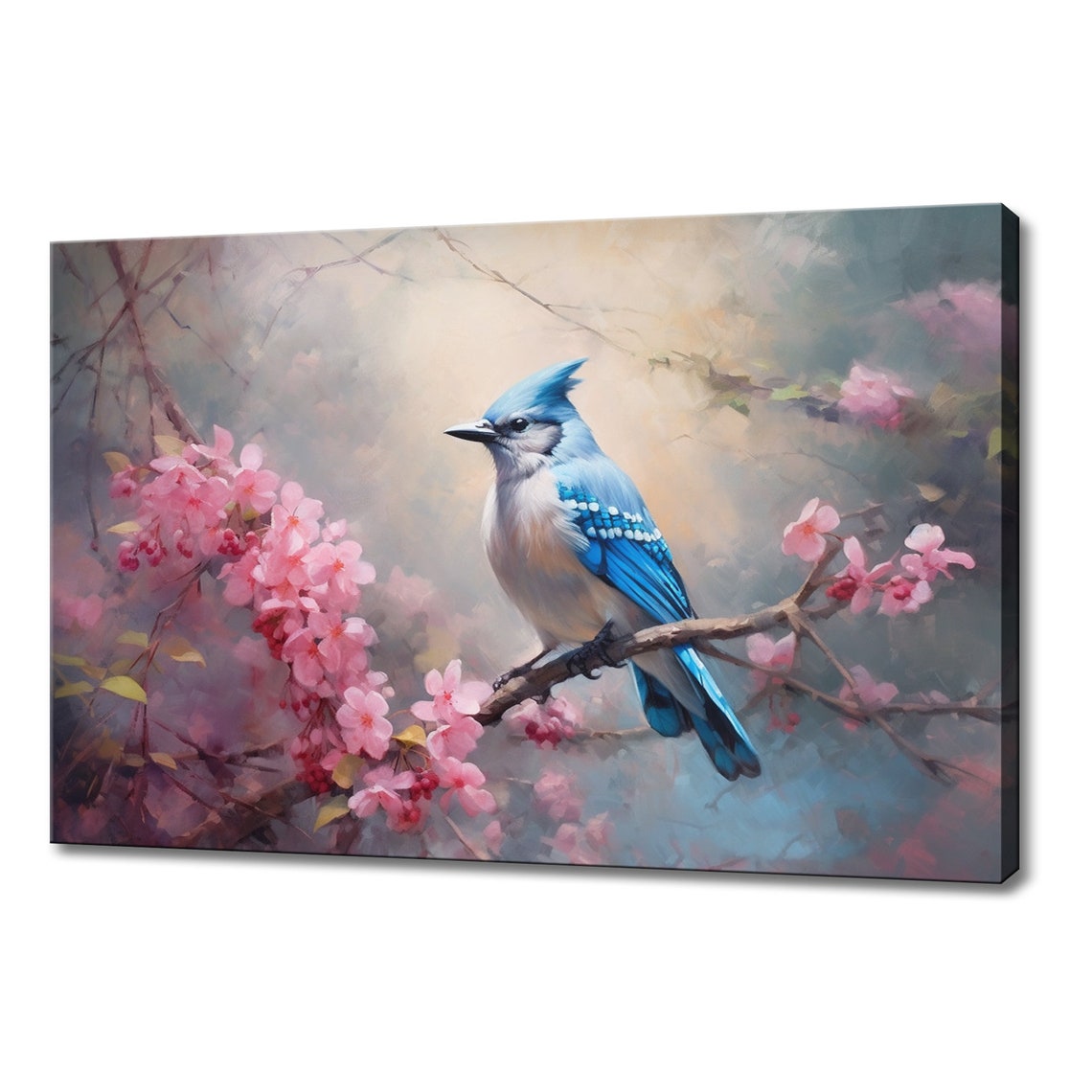 Blue Jay Pink Cherry Blossom Branch Pastel Spring Painting Poster