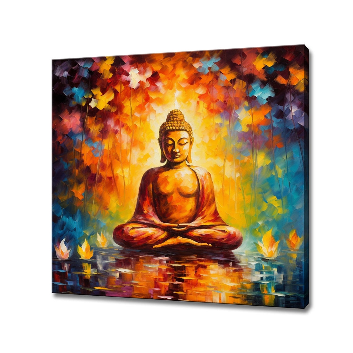 Meditating Golden Buddha On Water Colorful Abstract Lotus Art Poster