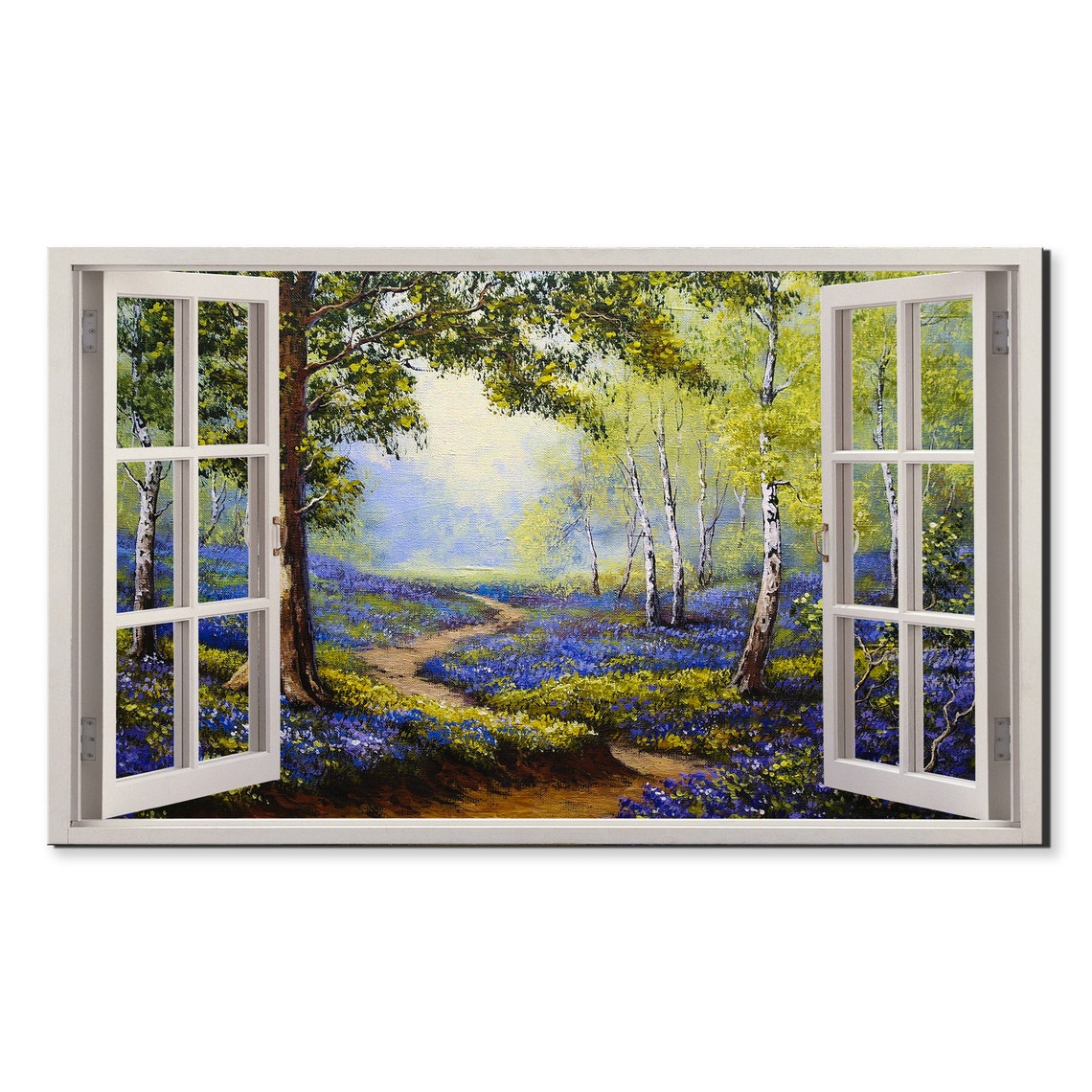 Spring Bluebell Forest Window View Birch Trees Flowers Nature Wall Art