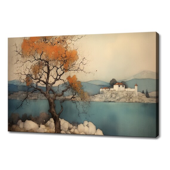 Orange Tree By The Lake Vintage Landscape Painting Style Print Farmhouse Decor Art Nature Picture Wall Hanging Fine Art Print