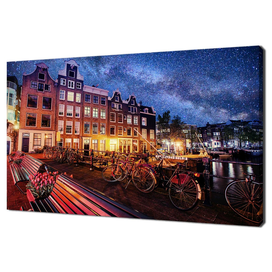 Amsterdam Canals Night Starry Sky Bicycles Houses Tulips City Poster