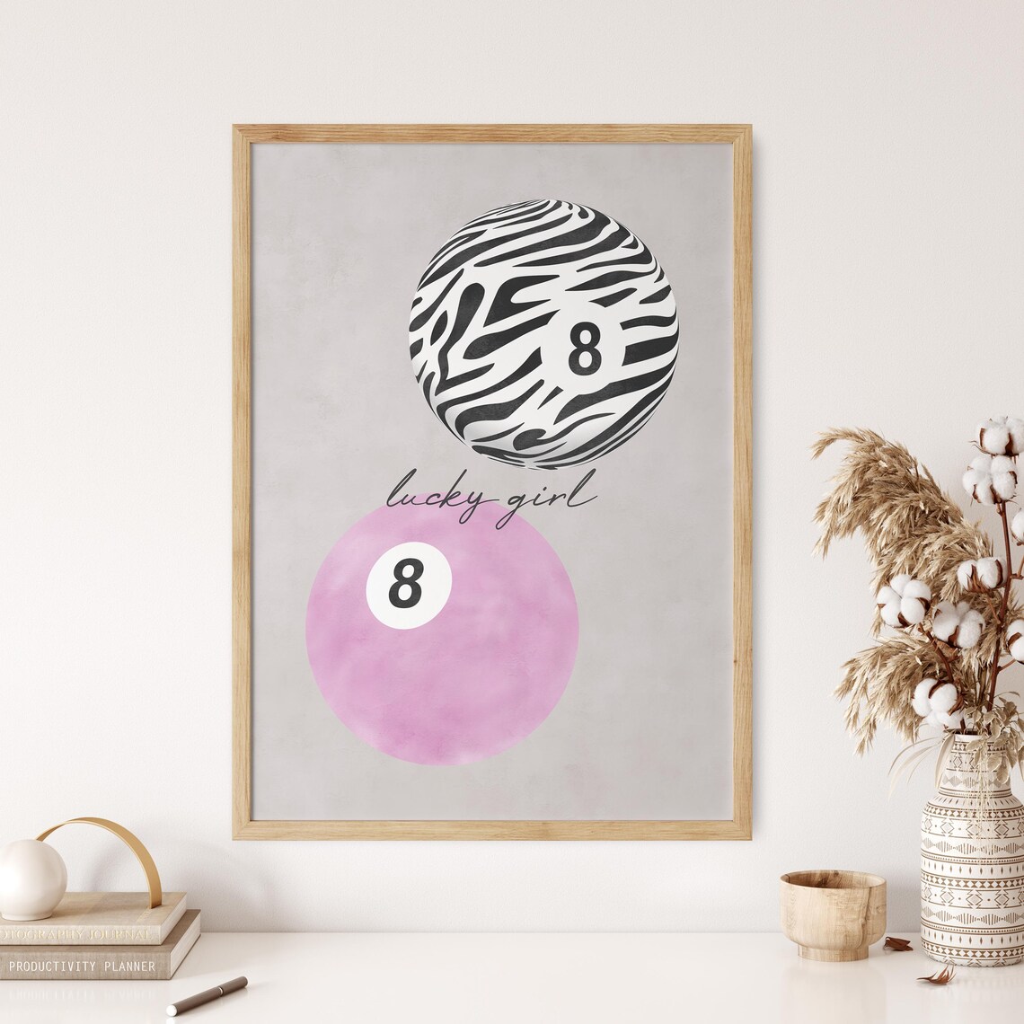 Lucky Girl Zebra 8 Ball Pink Watercolor Y2K Trendy Room Poster - Image 2