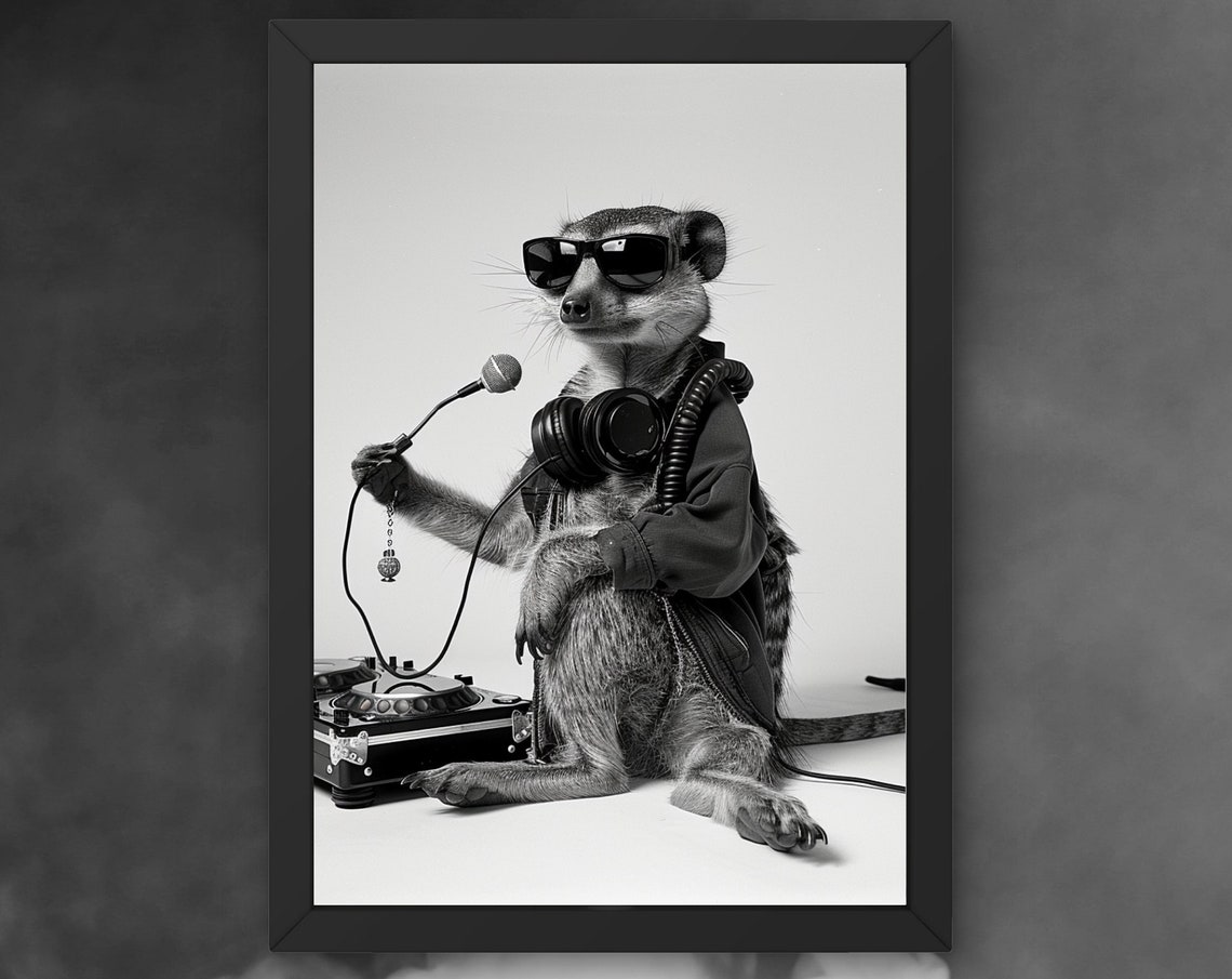 Cool Meerkat DJ With Sunglasses Microphone and Turntable Poster
