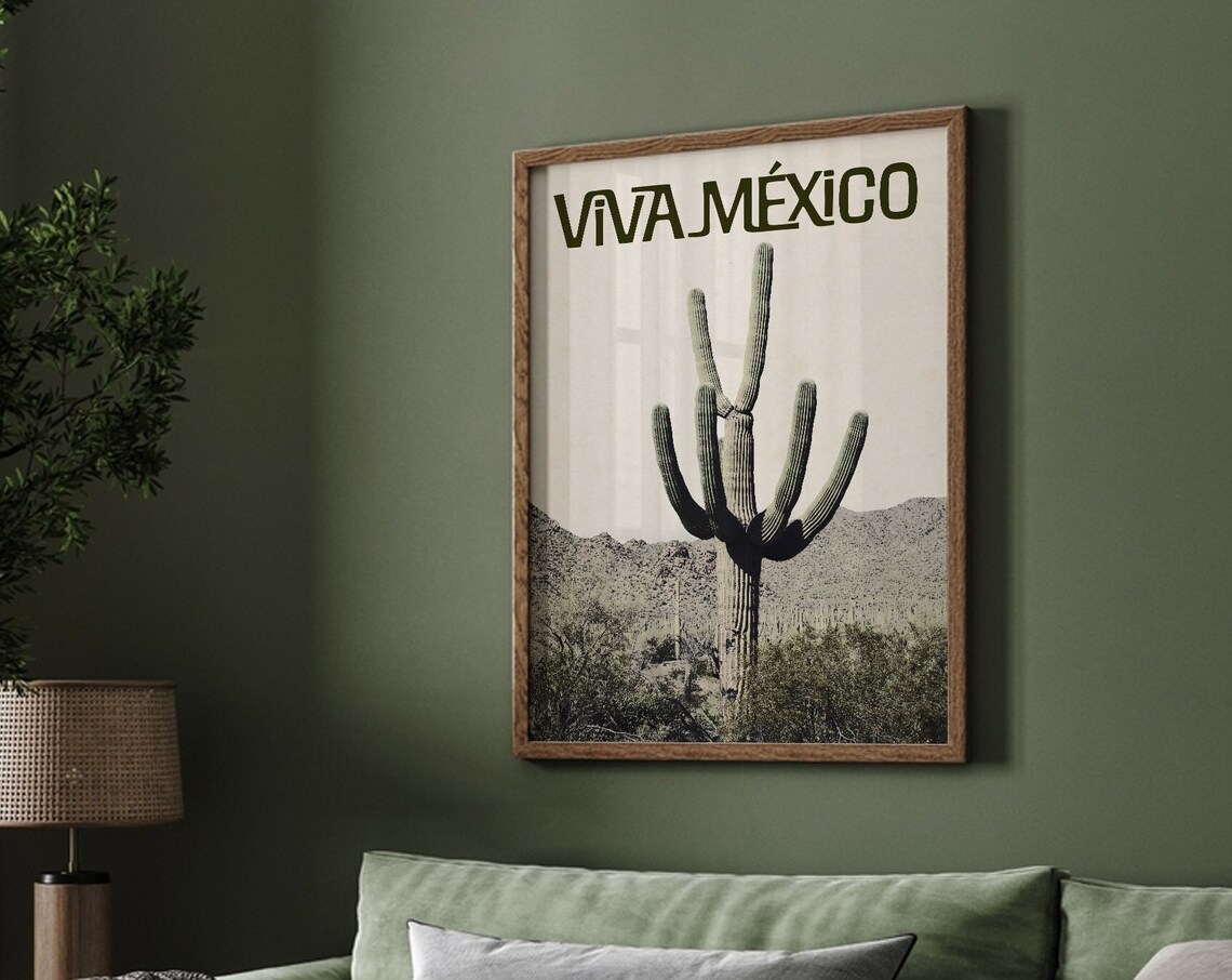 Viva Mexico Saguaro Desert Monochrome Photo Retro Travel Poster Print