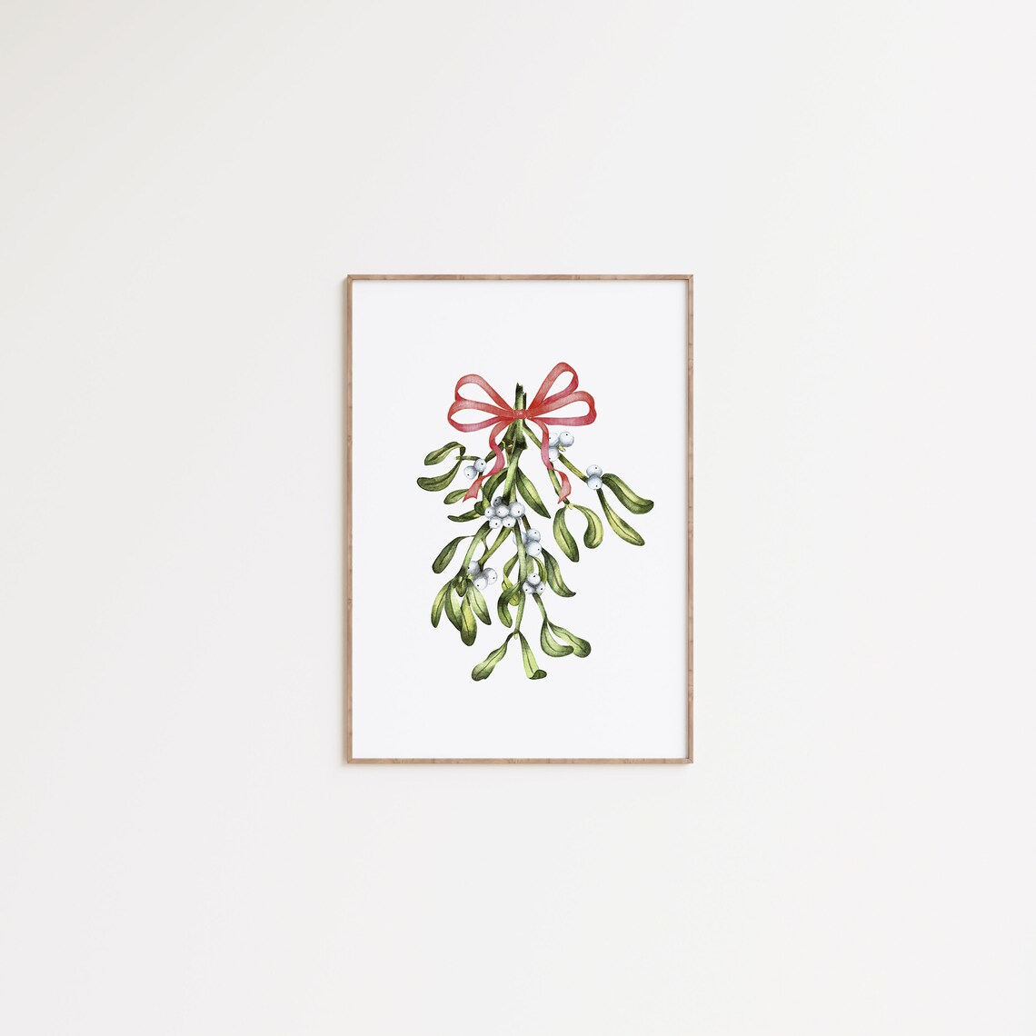 Mistletoe Sprig Red Bow Watercolor Botanical Christmas Holiday Print - Image 2