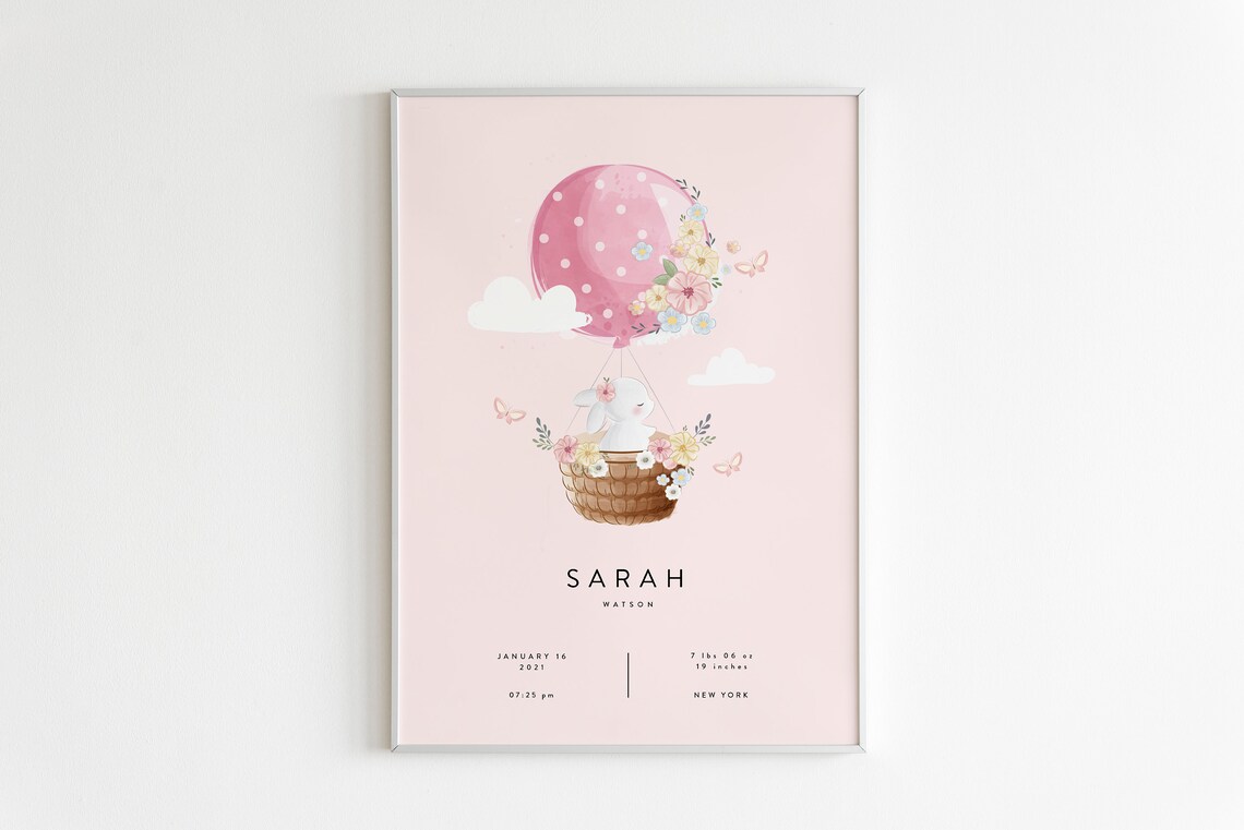 Bunny Pink Balloon Birth Stats Personalized Art Print - Image 2