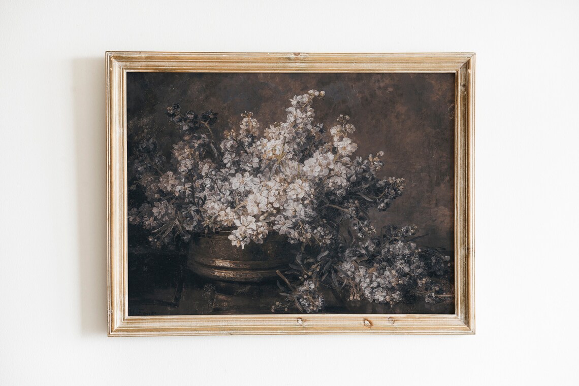 White Flowers Antique Vase Moody Oil Painting Dark Botanical Wall Art - Image 3