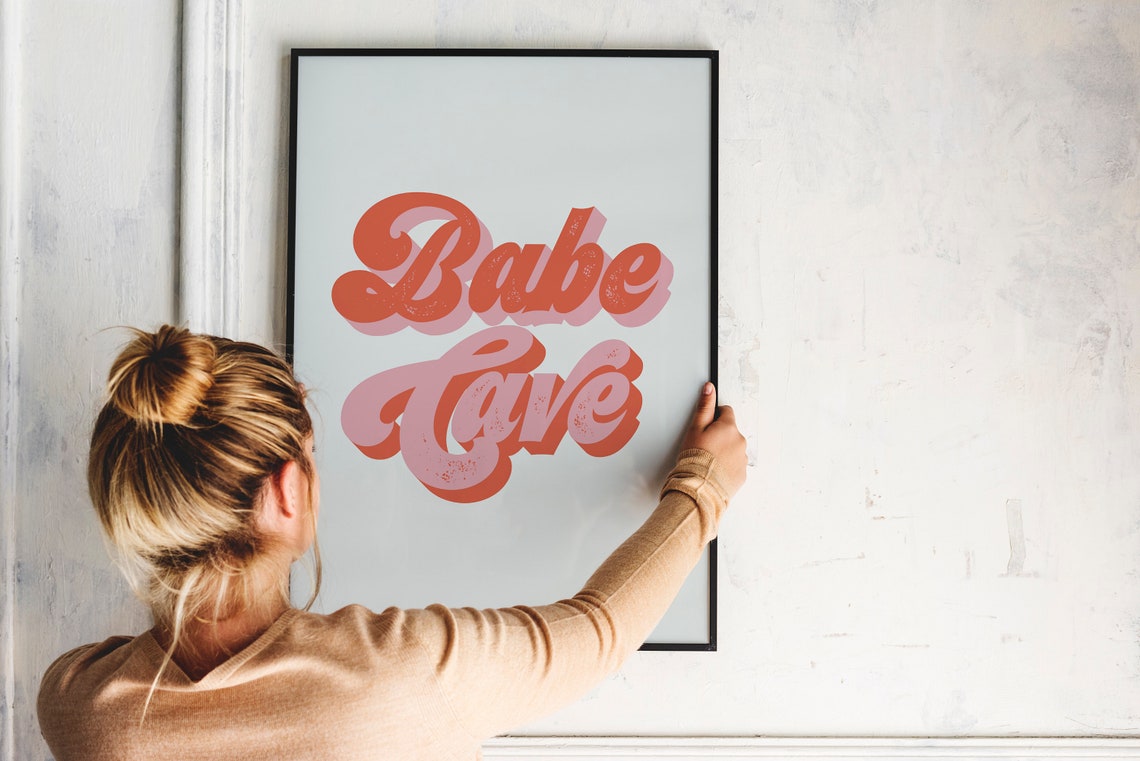 Babe Cave Retro Script Typography Coral Pink Girls Room Poster Sign
