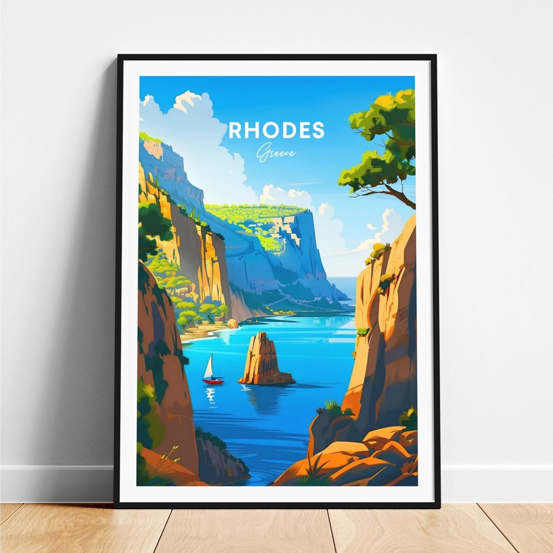 Rhodes Greece Sailboat in Dramatic Cliff Cove with Sea Stack Poster