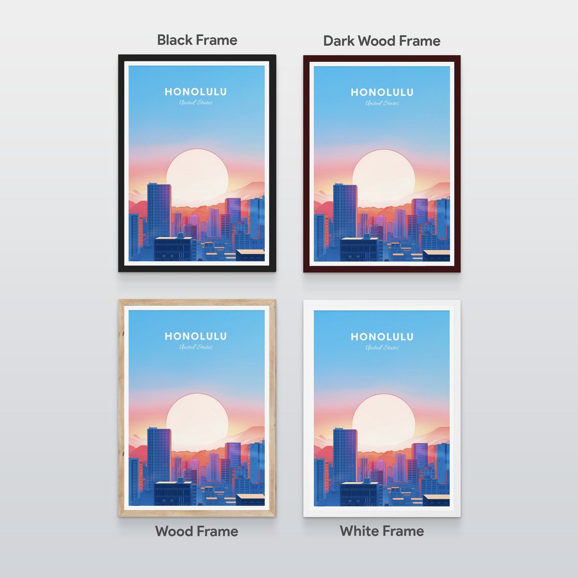 Honolulu Hawaii Skyline Beneath a Giant Rising Sun Travel Poster - Image 2
