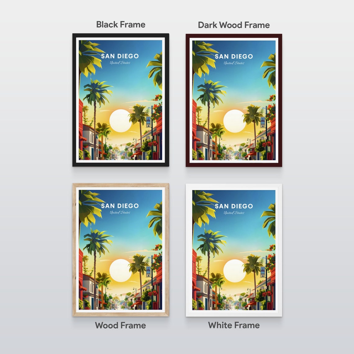 San Diego California Palm Lined Street Sunrise Travel Poster - Image 2