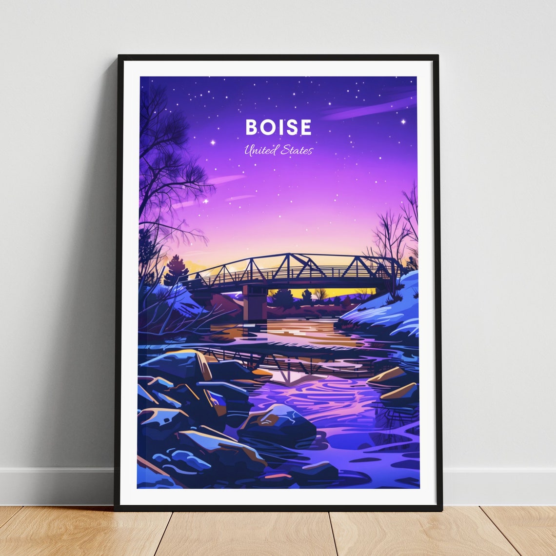 Boise Idaho Starry Night River Truss Bridge View Travel Poster