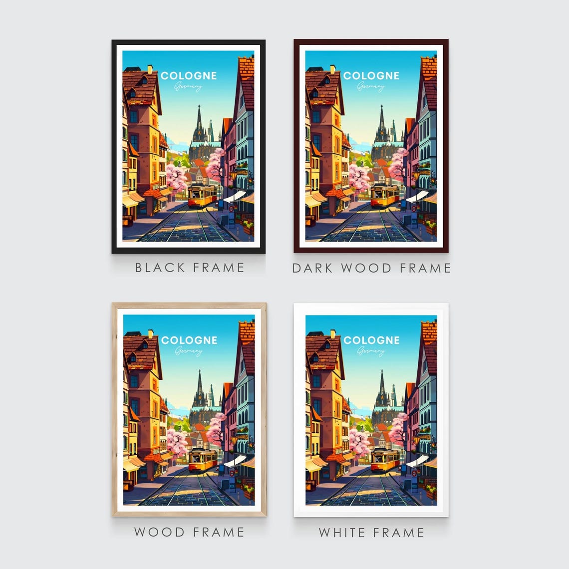 Cologne Cobblestone Street Tram Old Town Cathedral Travel Poster - Image 3